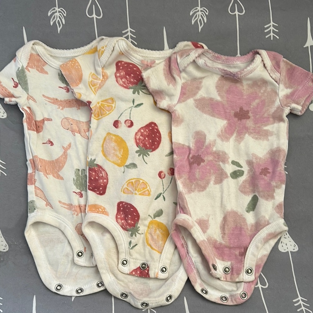 Set of 3 Pink & Fruit-Print Cotton Baby One-Pieces
